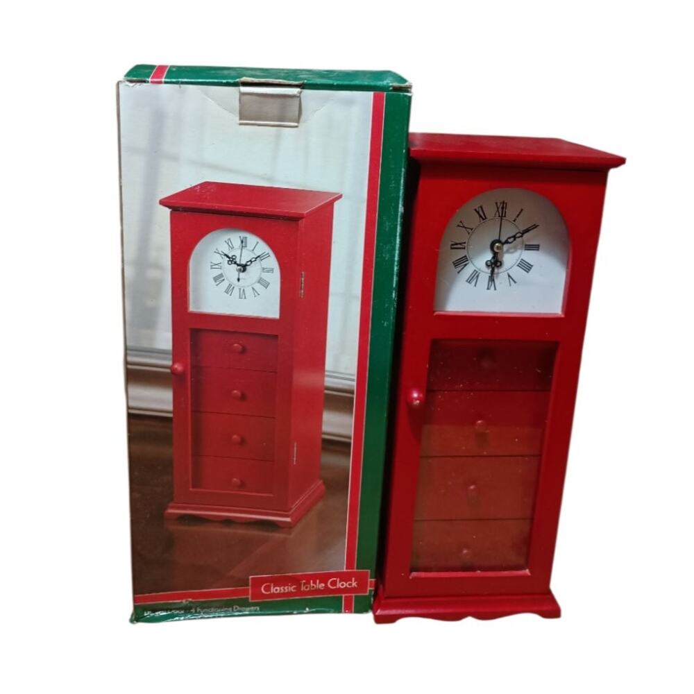 Vintage 13" Classic Table Clock Hinged Door Functioning Jewelry Drawers Tower